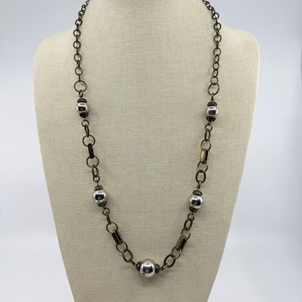Boho Statement Mixed Metal Bead Link Necklace Gold & Silver Tone Accent Long - Picture 3 of 13